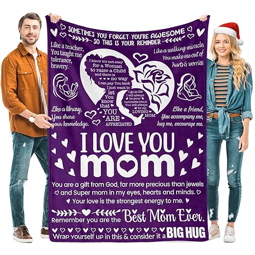 I Love You Mom Gift Blanket,Throw Birthday Gifts for Women Unique Mom Gifts from Daughter or Son for Birthday, Mothers Day, Christmas, Warm Soft 50" x 70" (Purple)