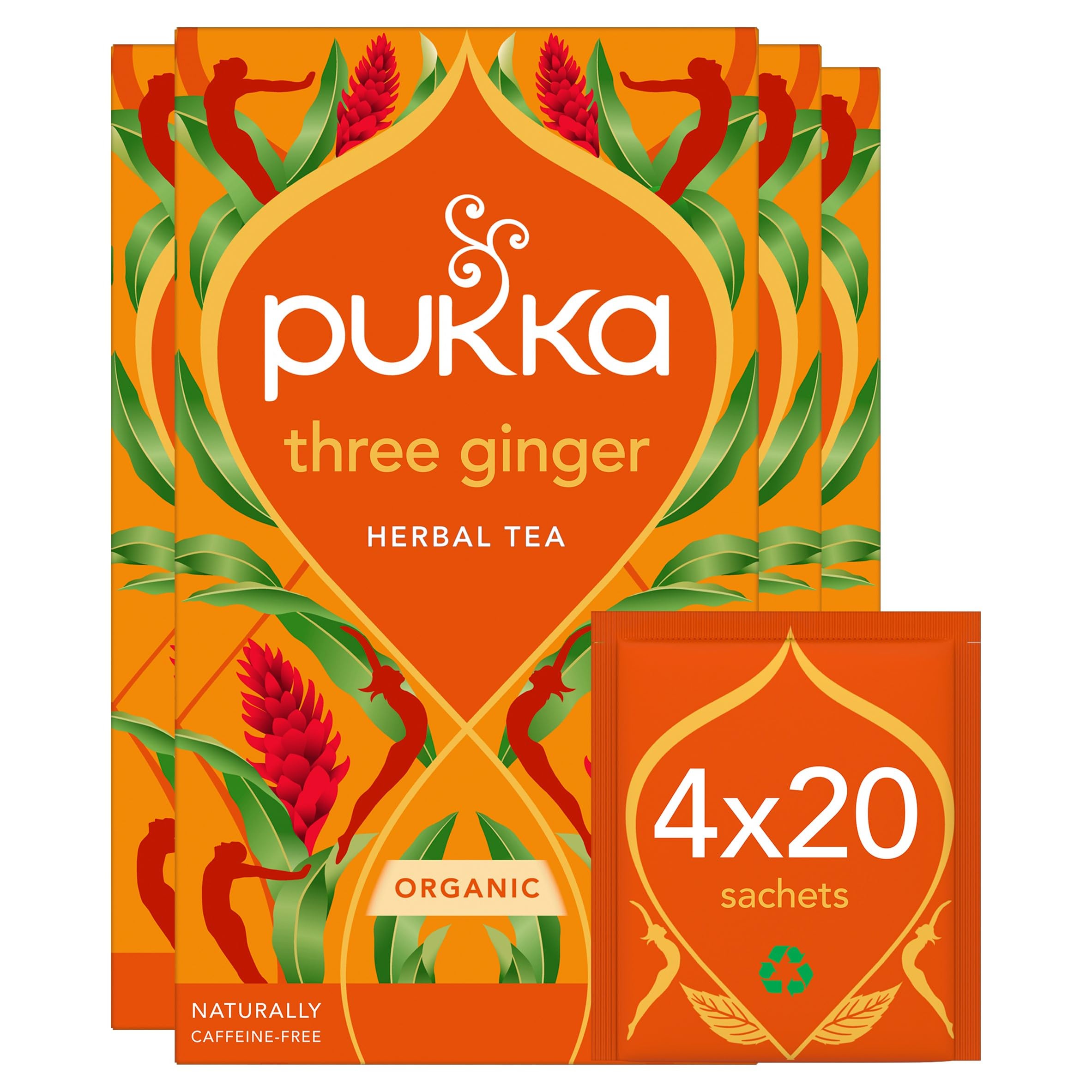 Pukka Herbs | Three Ginger Organic Herbal Tea Box | Digestion-Aiding Infusion With Ginger, Turmeric, And Galangal | Ideal After Meals | Caffeine Free | 4 Packs | 80 Plant Based Biodegradable Tea BagsEU OrganicSoil AssociationFair for LifeSoil AssociationSoil AssociationFair for Life