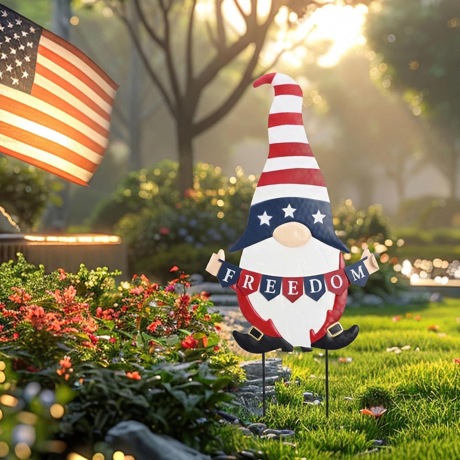 TERESA'S COLLECTIONS 4th of July Decorations, Patriotic Decorations for Memorial Day, 250th Independence Anniversary Metal Gnome Yard Art Stake, Freedom Outdoor Garden Lawn Patio Decor, 27''