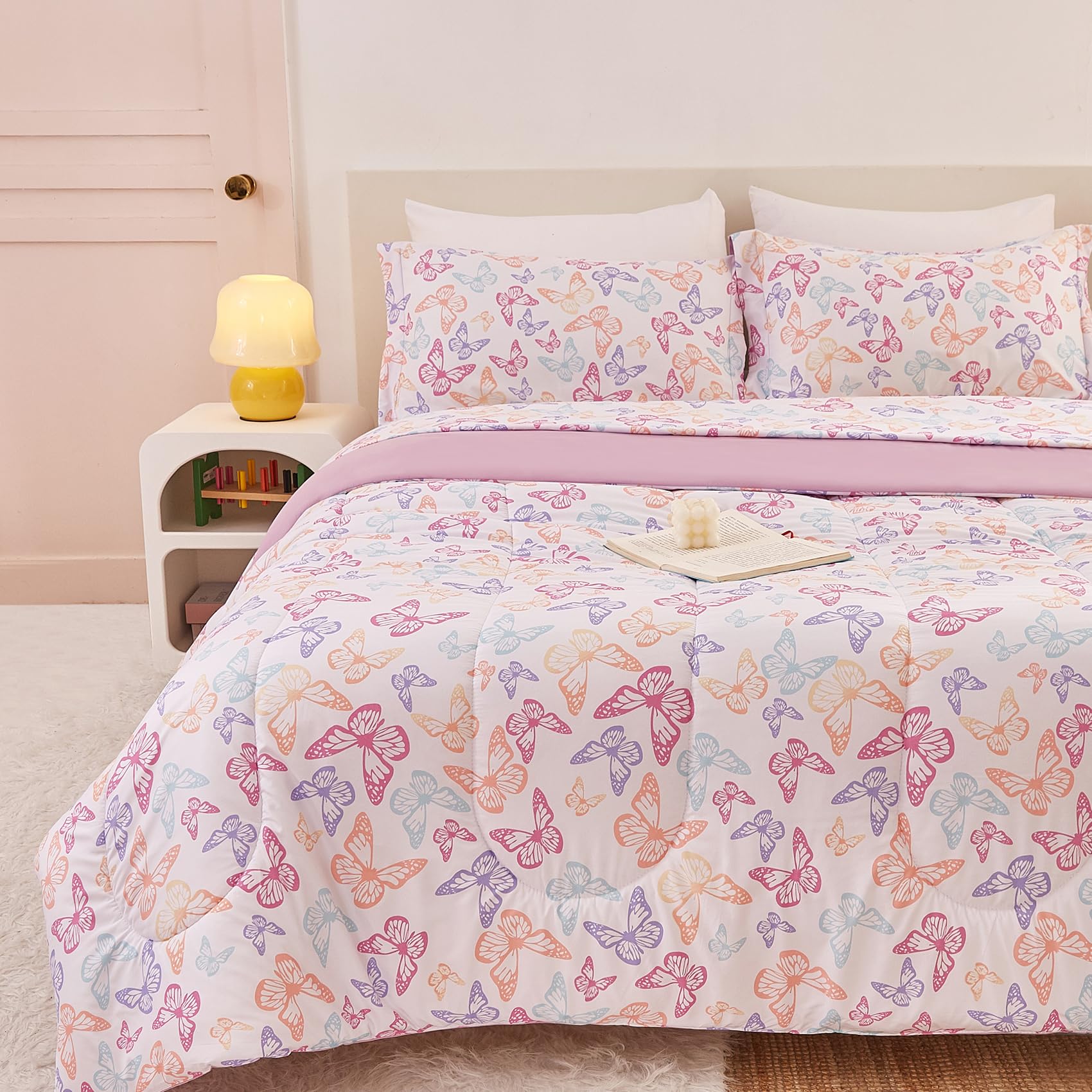 Yibeizi Butterfly Kids Comforter Set for Girls Full Cute Bedding