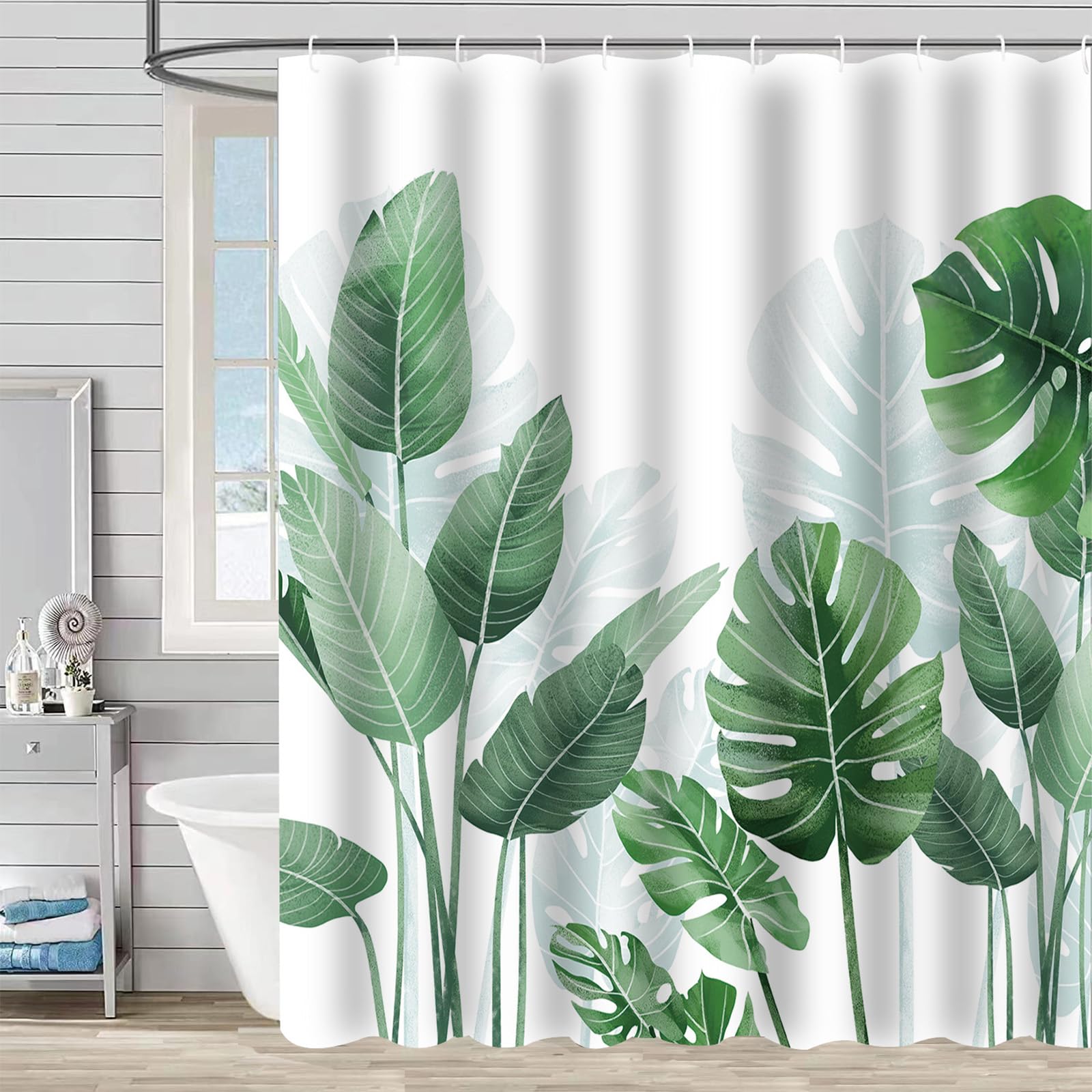 FAIRYGATE Shower Curtain Tropical Palm Tree Green Leaves Banana Leaf Bath Curtain Summer Theme Bathtub Curtain Fabric Polyester Waterproof for Kids Bathroom Decor with Hooks B8008