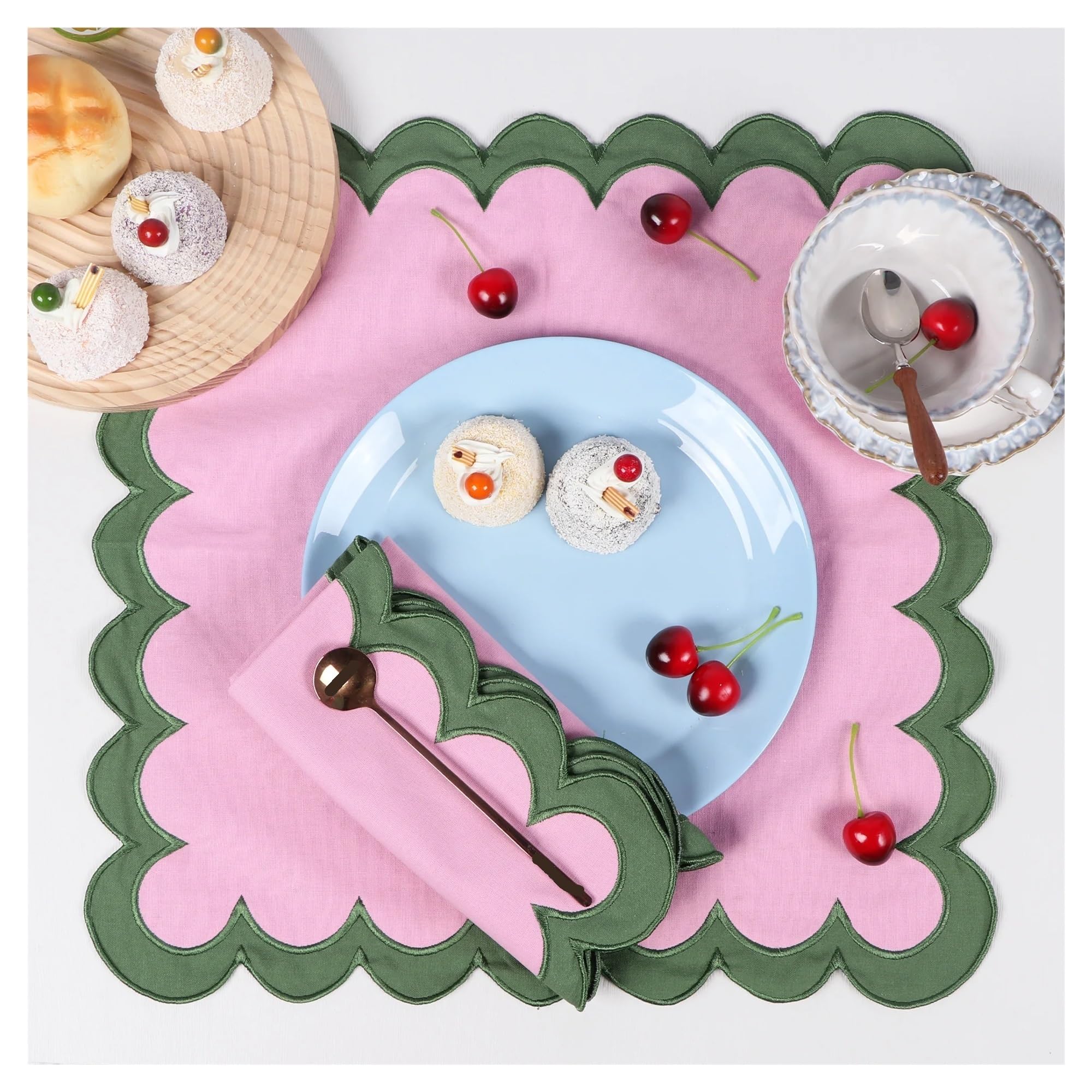 Servilletas de Tela Servilletas de algodón Grueso Reutilizables con Borde Ondulado y Doble Bordado, 1 o 4 Unidades, for Bodas, Fiestas decoración Mesa navideña(4PCS Pink Blue)