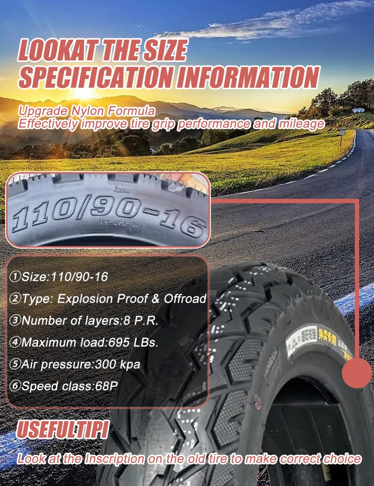 110/90-16 Opona do motocykli terenowych, 110/90/16, odporna na zużycie, 16 cali, do motocykli terenowych z przodu lub z tyłu, 8 P.R. 68P, 300 kPa