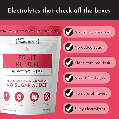 Miniatura 2 de Fruit Punch Electrolytes - Mezcla de bebidas hidratantes de 30 porciones con agua de coco, sal marina y minerales traza - Apoya la hidratación, la