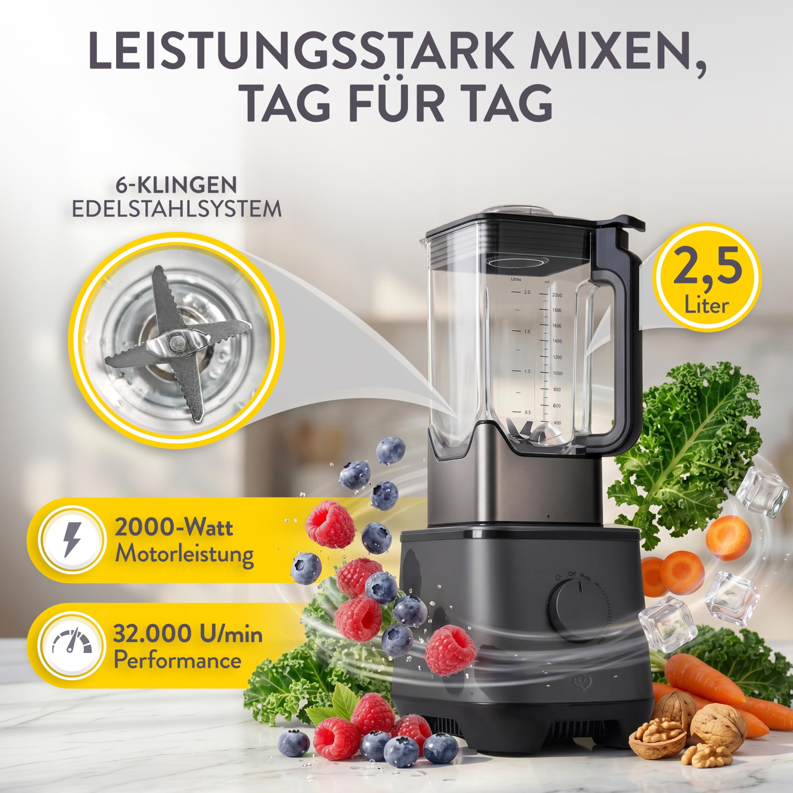 SPRINGLANE Hochleistungsmixer Hanno 2000 W, 32.000 U/min, 4 Programme, Selbstreinigungsfunktion, Standmixer mit 2,5 L Tritan-Behälter ohne BPA, inkl. Edelstahlmixbehälter & To-Go-Mixflasche