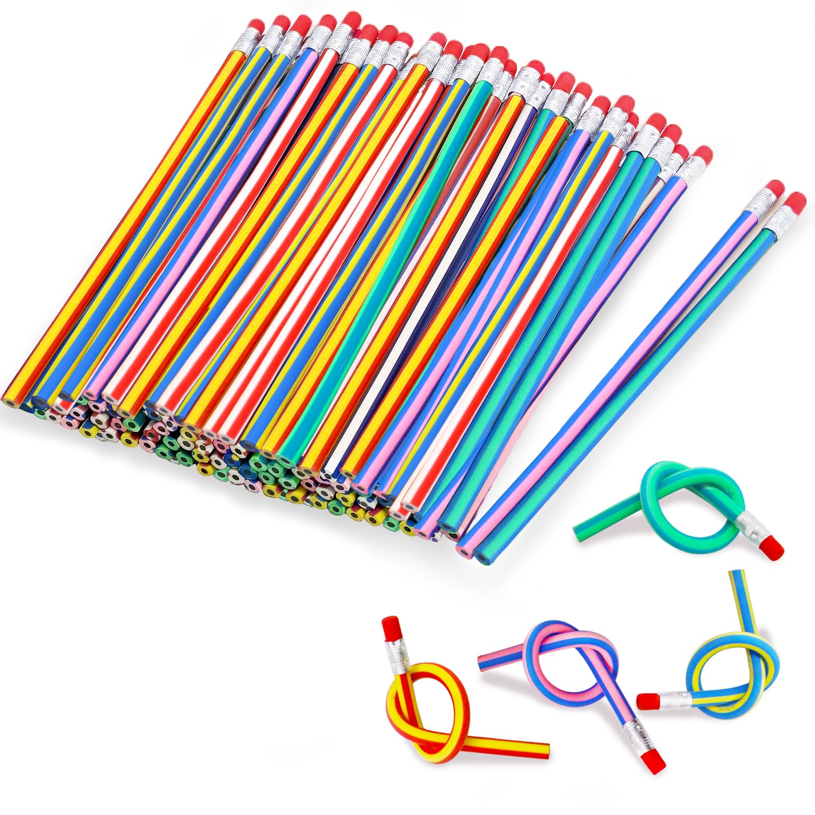 Qyyiguf 80 Pcs 7 Inch Flexible Pencils,Soft Pencils with Eraser,Striped Magic Bendy Pencil for Gifts