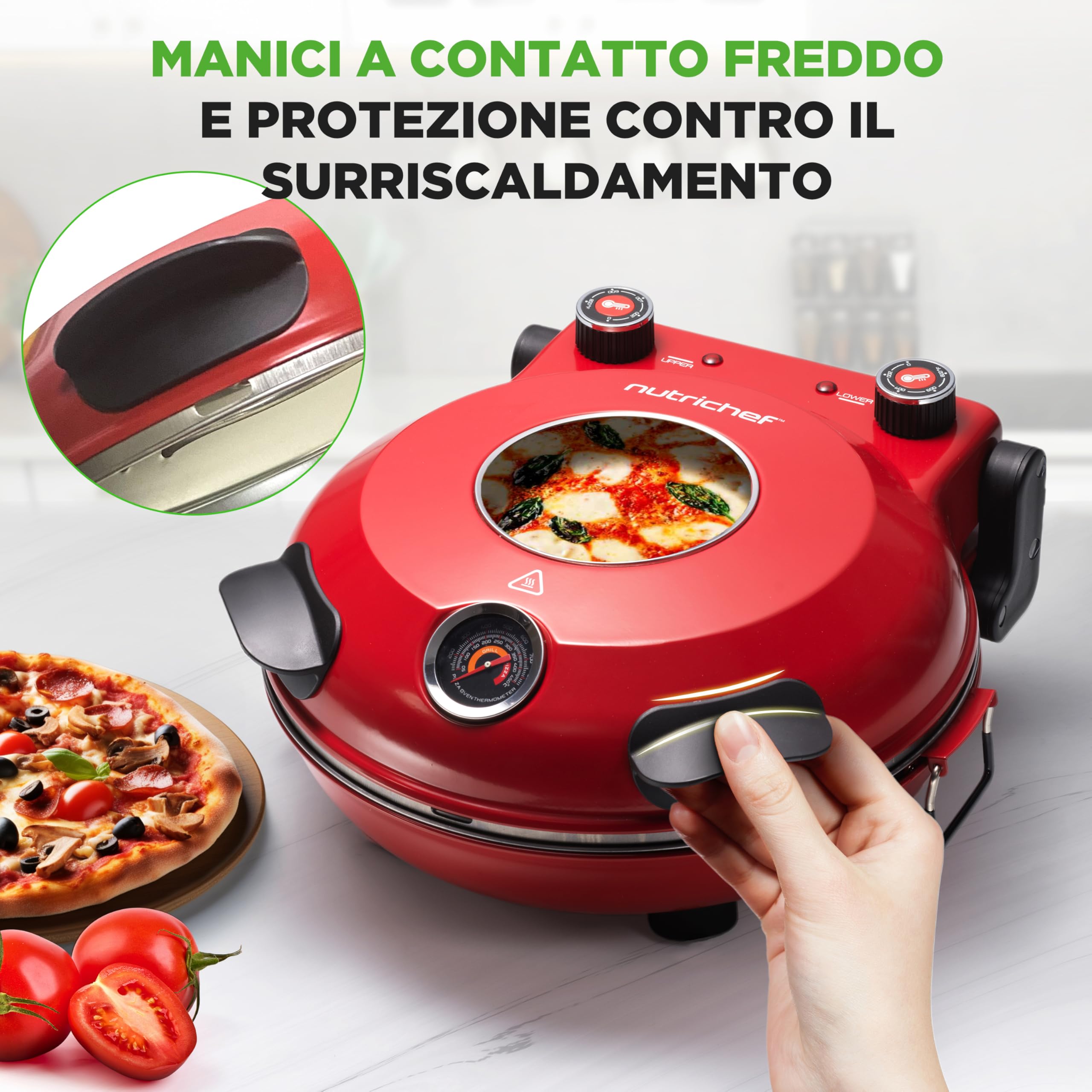 NutriChef Forno Pizza Elettrico 30 cm con Termometro e Controllo Temperatura, Pietra Antiaderente Fino a 427 °C, per Pizza Fatta in Casa Croccante e Surgelata, per Pizzaiolo e Pizzeria, Rosso