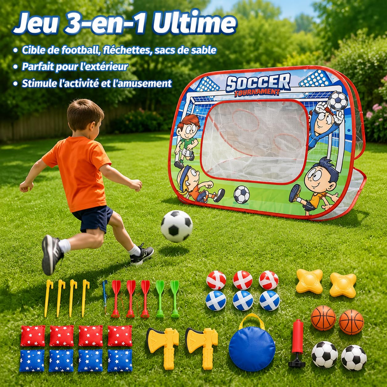 Giochi di lancio per bambini 4-6 anni, set da gioco all'aperto pieghevole, con bersaglio, calcio e palla appiccicosa, per feste e giardino