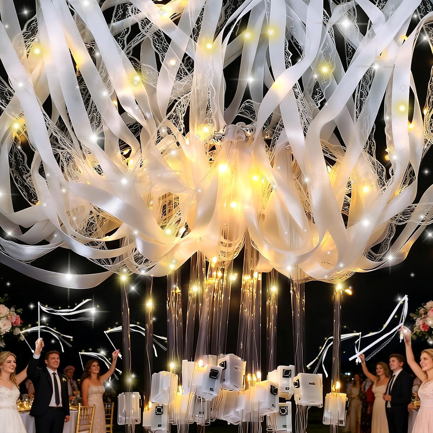 48 Pcs Light Up Wedding Wands Bulk with Ribbons & Bells, Romantic Fairy Light Wands with 3 Colorful Flashing Modes for Wedding Send Off, Bride Groom Exit, Party, Graduation, Concert