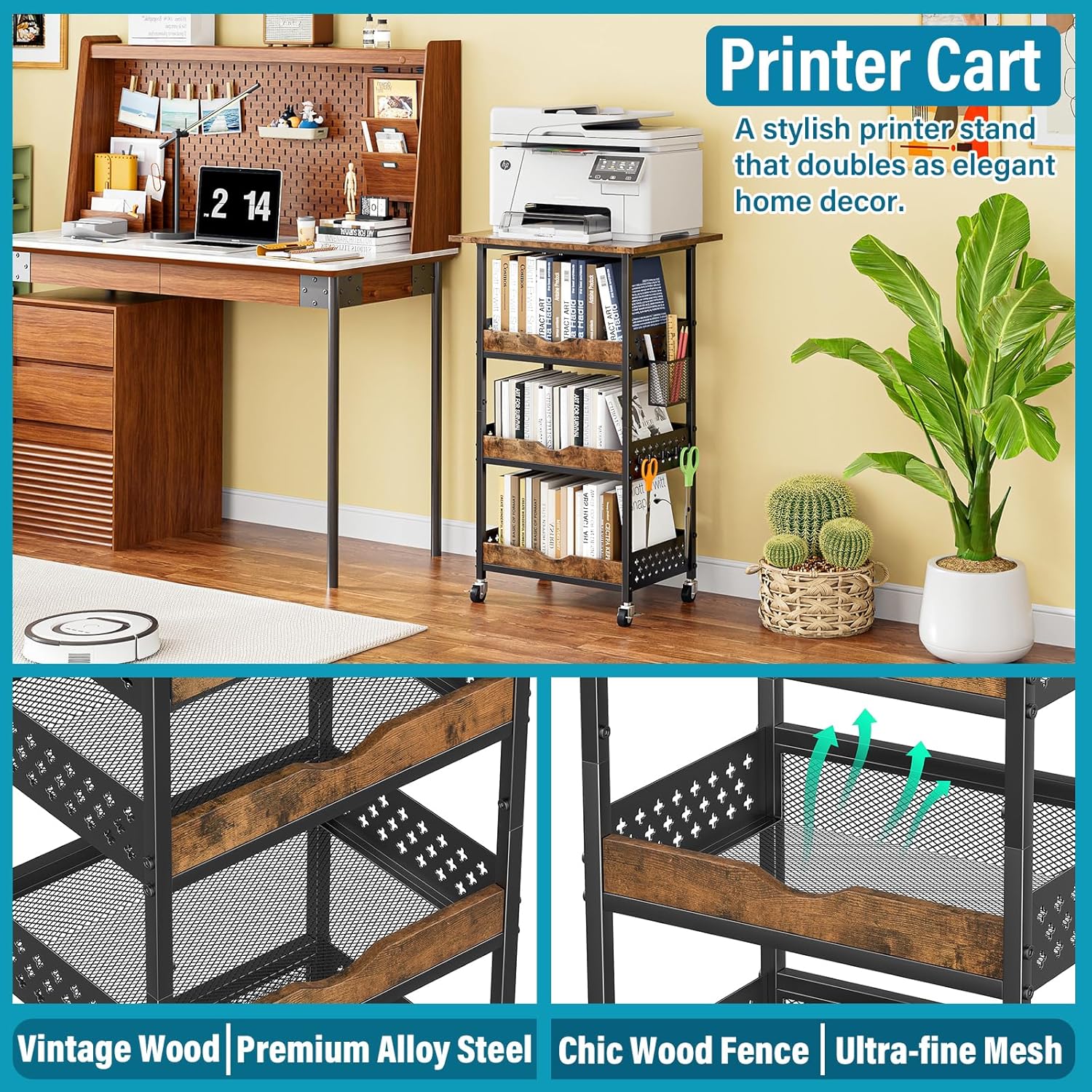 Rolling Cart Organizer, 4-Tier Kitchen Microwave Cart, Printer Stand, Art and Craft Cart, Makeup Organizer, Metal Utility Coffee Cart with Wheels for Coffee Supplies, Snacks, Books