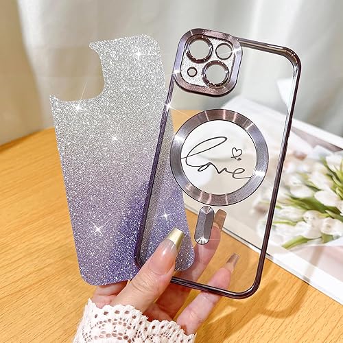 Vista 102 de Fiyart - Funda transparente magnética con purpurina para iPhone 12 para mujeres, con grabado "Love" metálico, protección para cámara y antigolpes