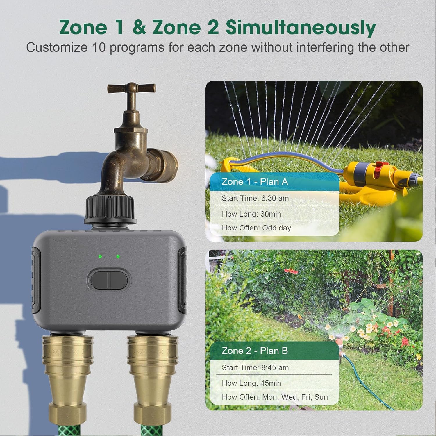 2 Zone Smart Sprinkler Timer, Water Hose Timers Outdoor with APP Control, Rain Delay, Cycle Watering, Voice Control, Smart Life, Yards Lawns Garden
