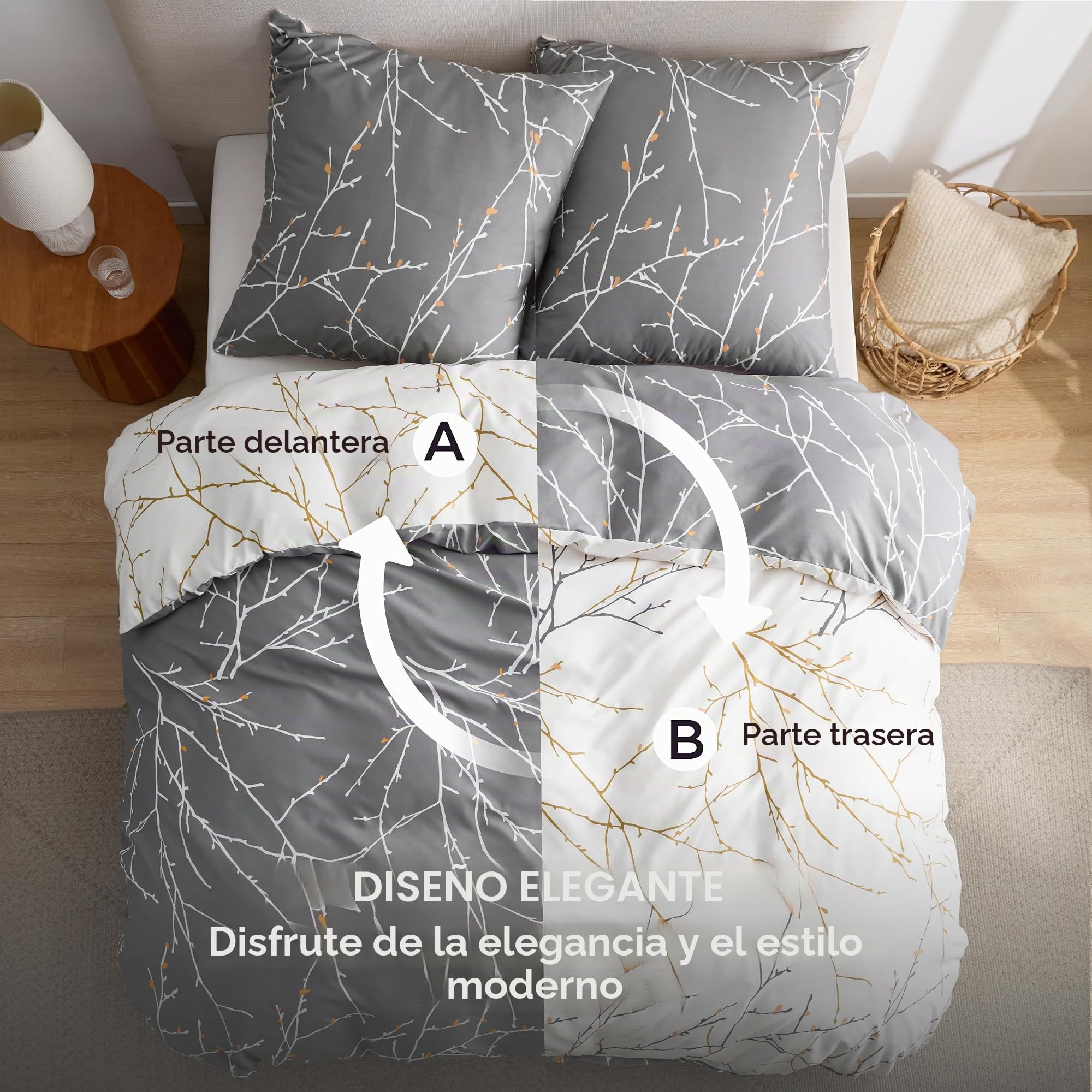 BEDSURE Ropa de cama de 135 x 200 cm, 4 piezas, funda nórdica de 135 x 200 cm, juego de 2 unidades con 2 fundas de almohada de 80 x 80 cm, certificado Öko-Tex reversible, diseño de ramas, color gris