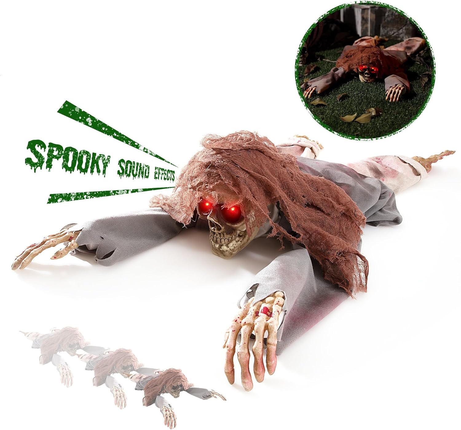 Crawling Zombie Animatronic Halloween Prop, 45" Creepy Skeleton with Sound