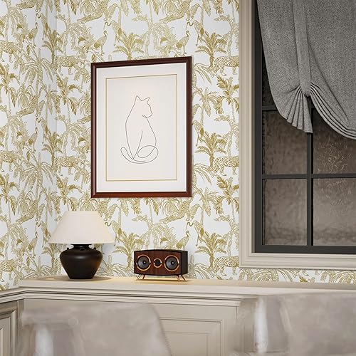 Miniatura 8 de Heroad Papel tapiz autoadhesivo con estampado de leopardo de 17.3 x 393 pulgadas, color blanco y dorado, papel tapiz autoadhesivo de animales de la