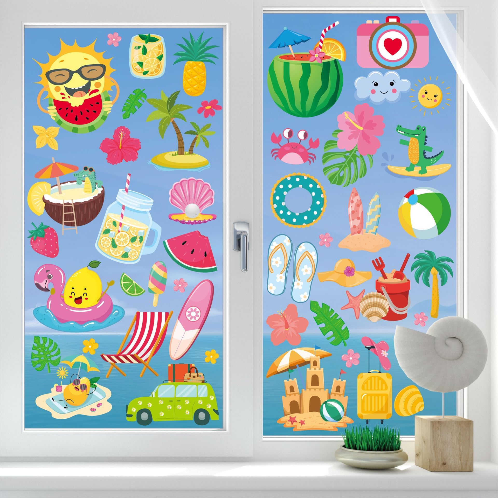 4 Feuilles Autocollants De Fenêtre D'Été, 63 Design Decoration Stickers Fenêtre Réutilisables, Deco Vitre Été Contient Soleil, Chaises De Plage, Bouées