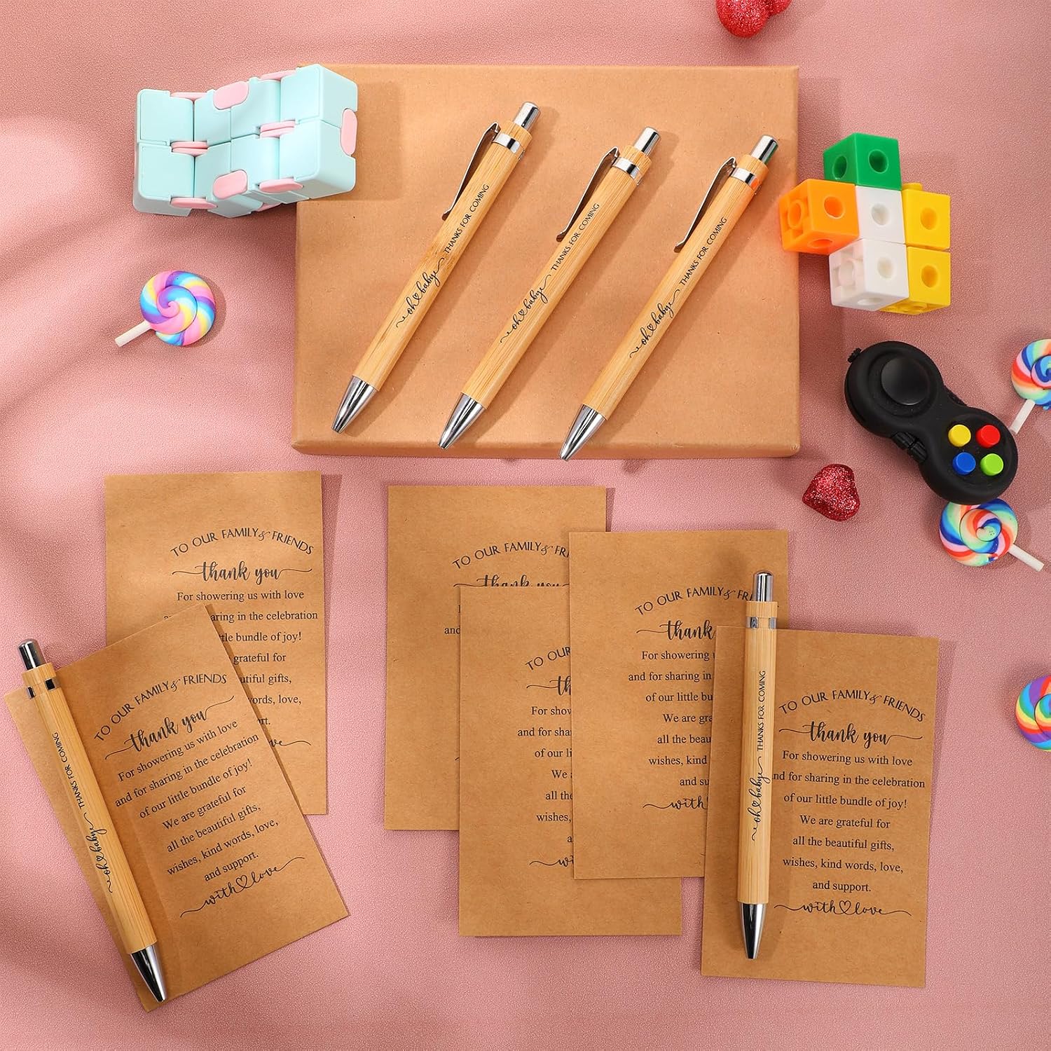 Seajan 50 Sets Baby Shower Gifts for Guests, Baby Shower Favors Includes 50 Pcs Retractable Pens, Bamboo Pens Bulk, 50 Thank You Cards for Gender Reveal Return Gifts Birthday Party Souvenirs Prizes