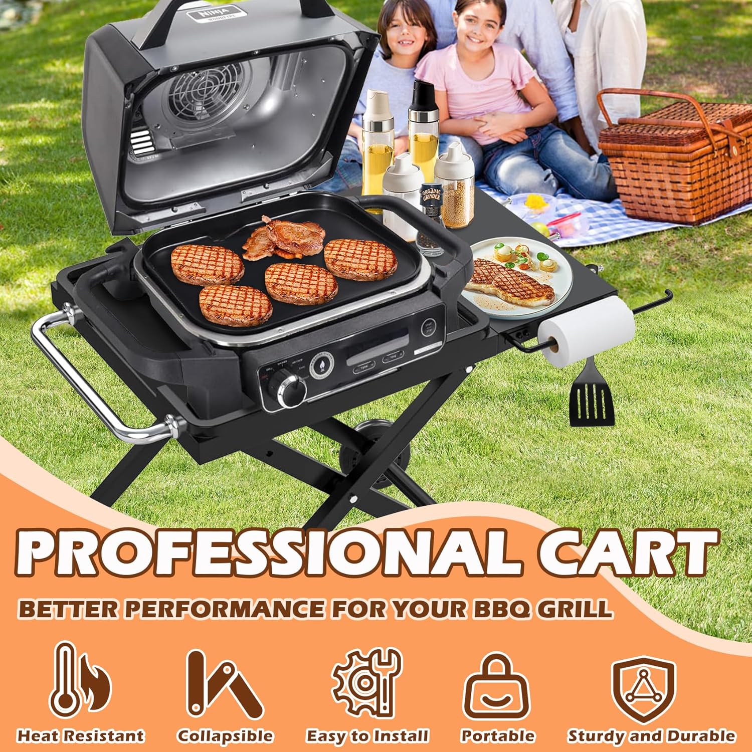 Collapsible Grill Stand for Ninja Woodfire Outdoor Grill OG700/800/900 Series & OO101 Outdoor Pizza Oven Stand, Foldable Grill Cart for Blackstone 17/22 Griddle Stand, with Wheels & Side Table