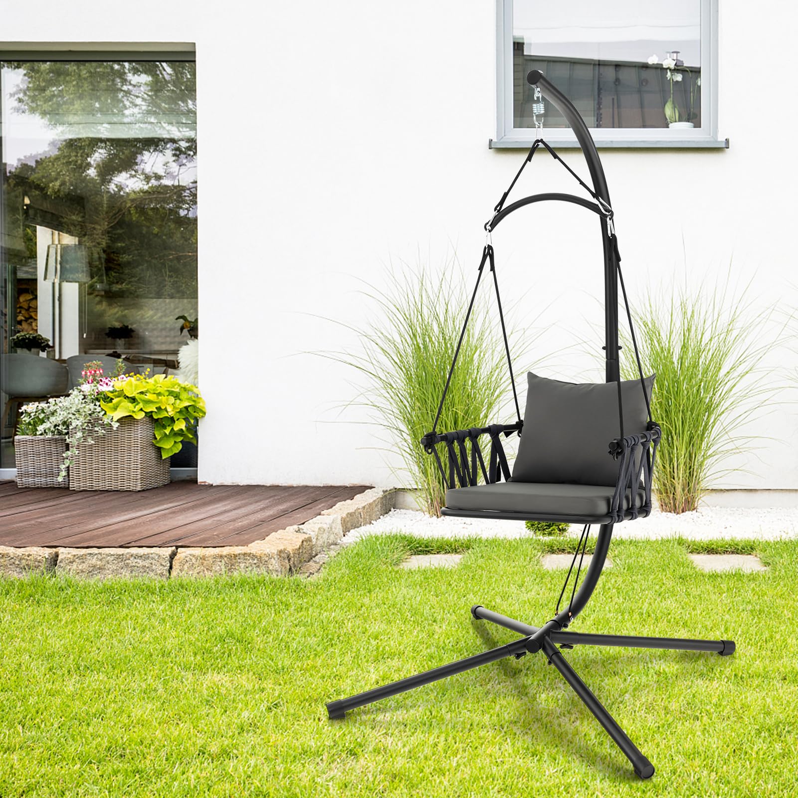 DREAMADE Chaise Suspendue Pliable avec Support Métallique,Balançoire avec Coussin&Oreiller&Dossier en Corde Tissée,Chaise Hamac Suspendue Intérieur Extérieur Charge de 150KG