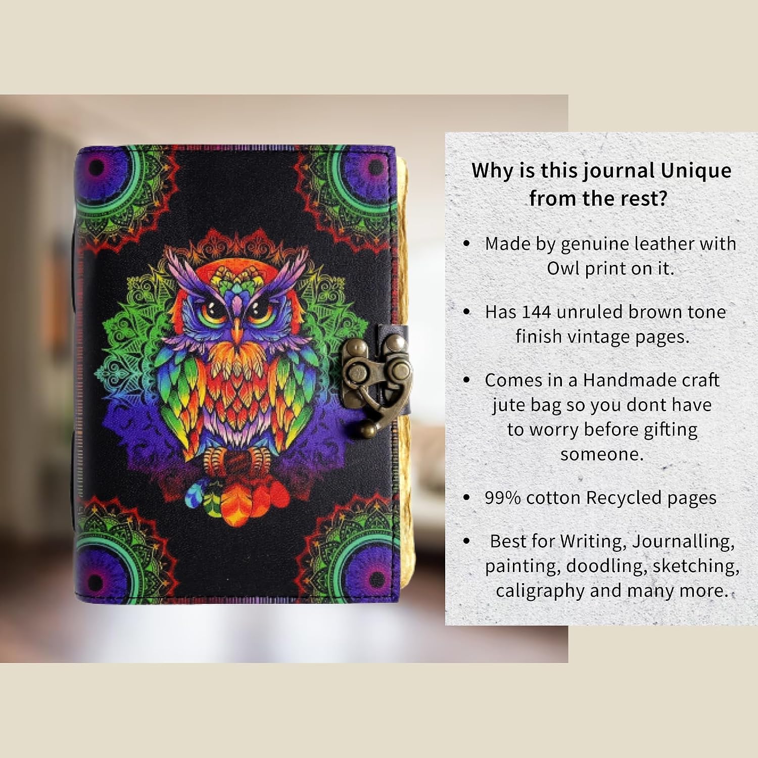Leather Journal with Owl Design – Vintage Diary for Writers & Students – Handmade Travel Notebook for Journaling & Meditation – Unique Gift for Men & Women (7x5 inch - 144 Pages)