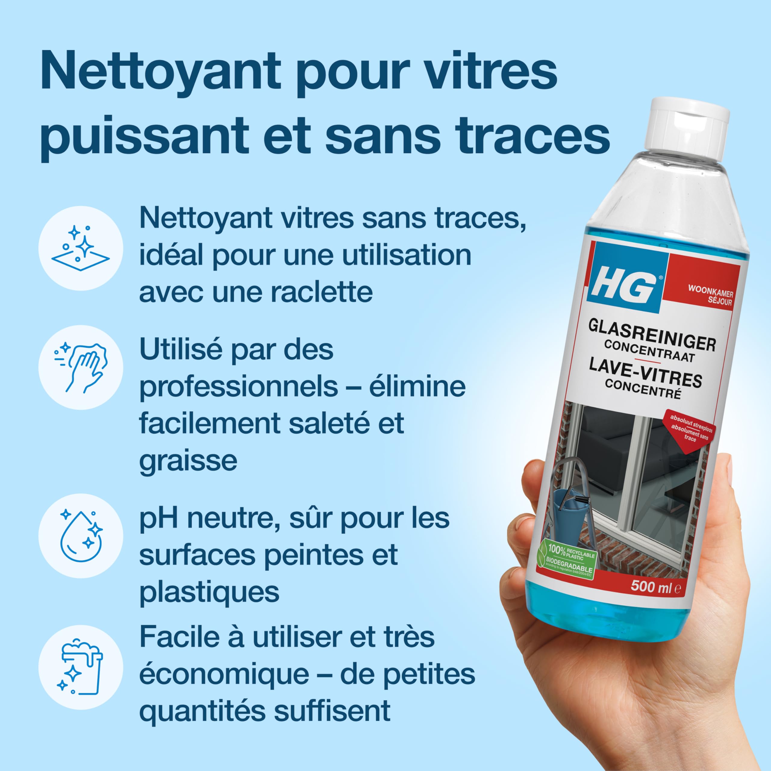HG Nettoyant pour Vitres, Concentré professionnel, brillance sans traces – 500 ml