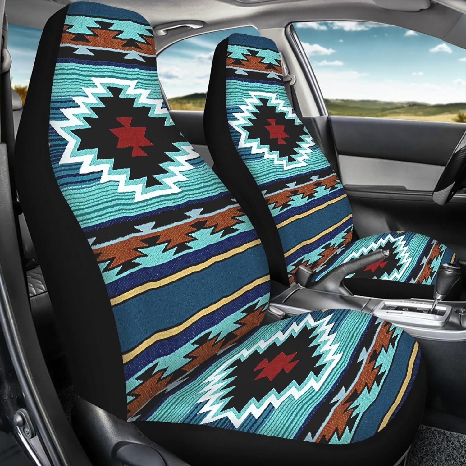 Automotive Seat Covers Aztec Print Seat Cover for Front Seats Only Universal fit for Cars, SUVs, Trucks Southwest Turquoise Indian Geometry Car Accessories Saddles Blanket Seat Protector