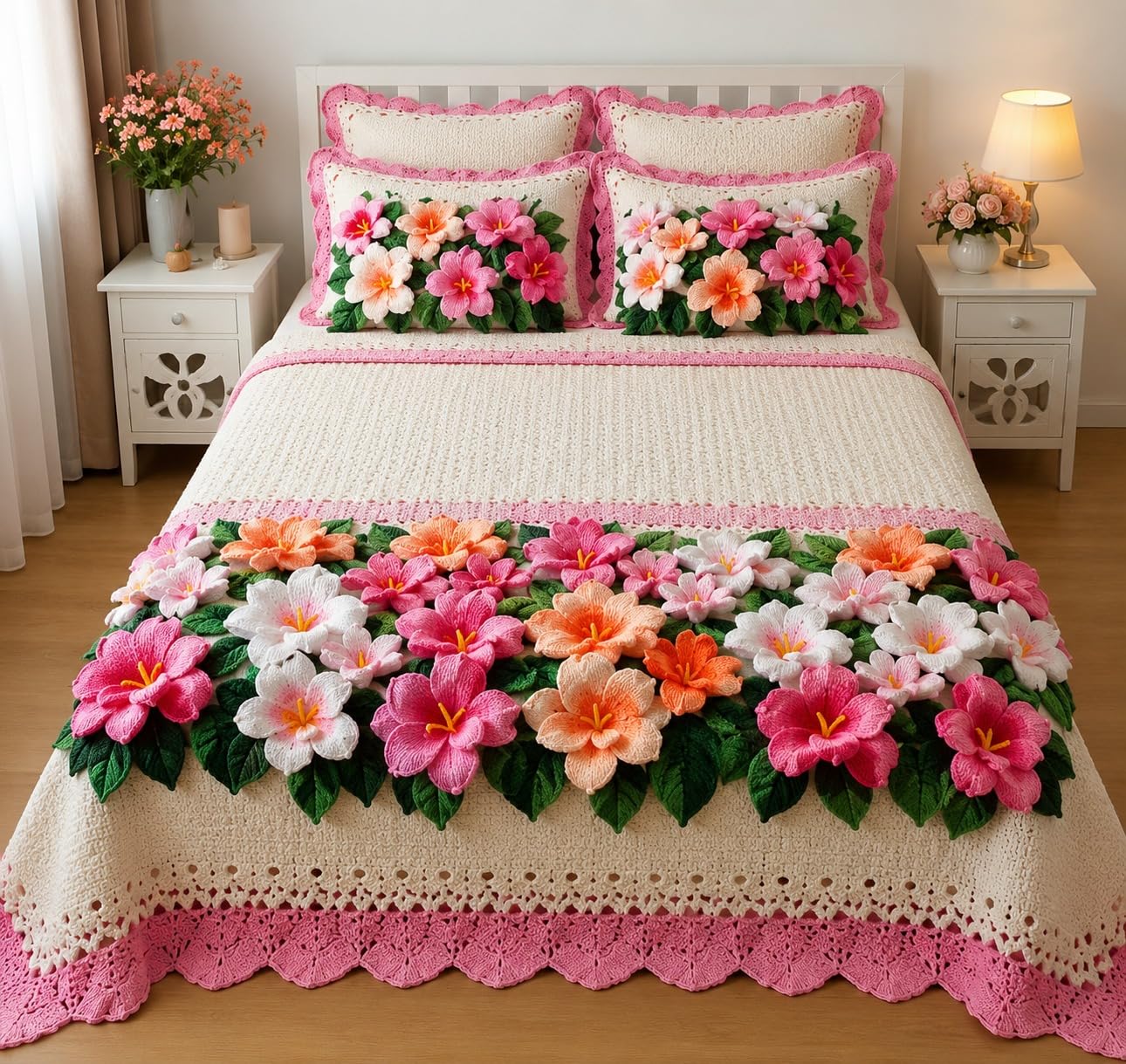 Sky Tex Pink Color 11D Flowers Digital Printed Glace Cotton 150 TC Jointless Super King Size Double Bed Sheet with 2 Pillow Covers-image-9