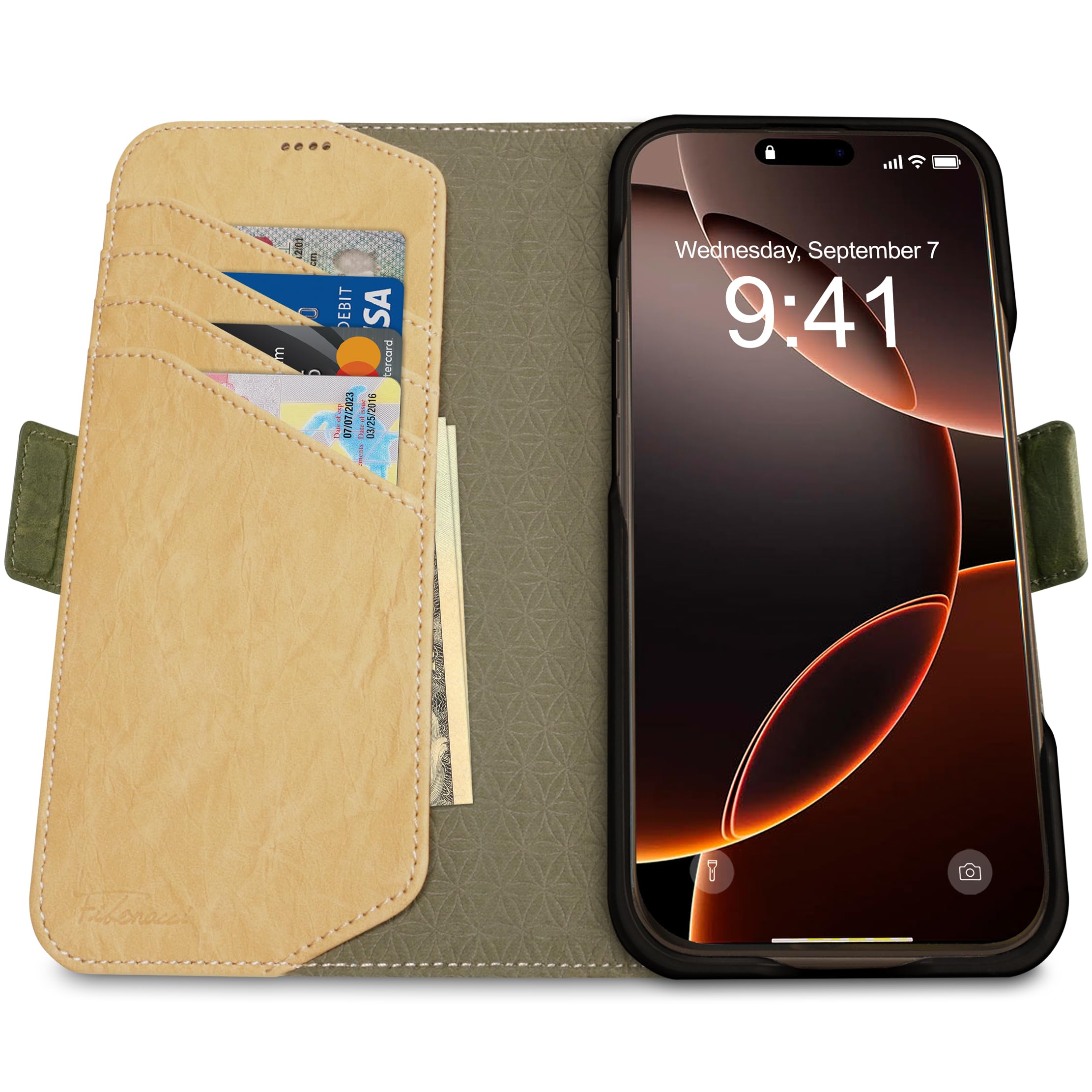 Dreem Etui do iPhone'a 16 Pro Max, rewolucyjny stojak na telefon, wegańska skóra, magSafe-Fit, magnetyczne odpinane etui z klapką, etui na karty blokujące RFID, pudełko prezentowe [Fibonacci: oliwkowy