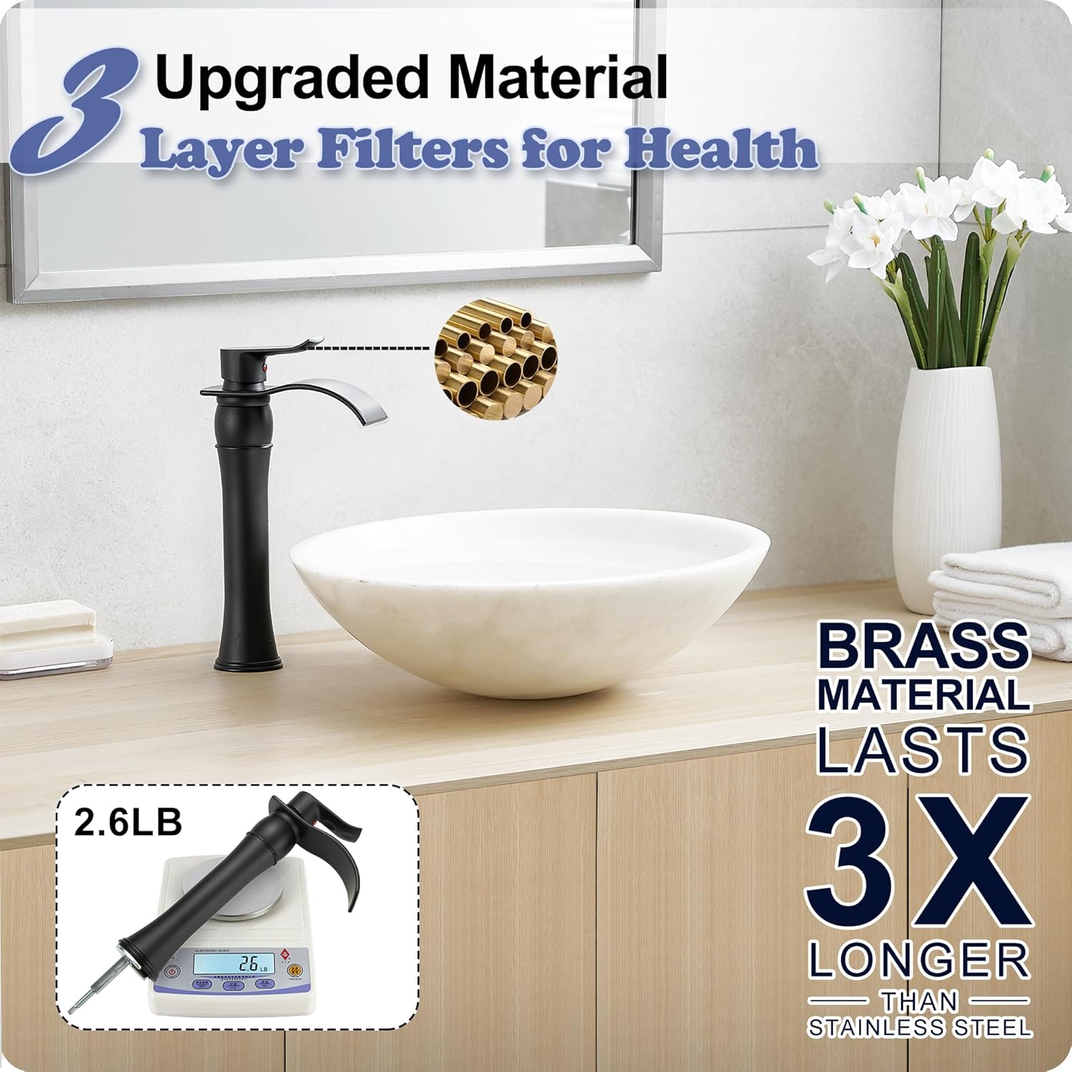 Black Vessel Sink Faucet Single Handle, Brass Bathroom Faucets Waterfall, Modern Bathroom Faucet 1 Hole, Tall Faucet for Bathroom Sink with Curved Spout, Pop-Up Drain, Hoses & Deck Mount - Image 4