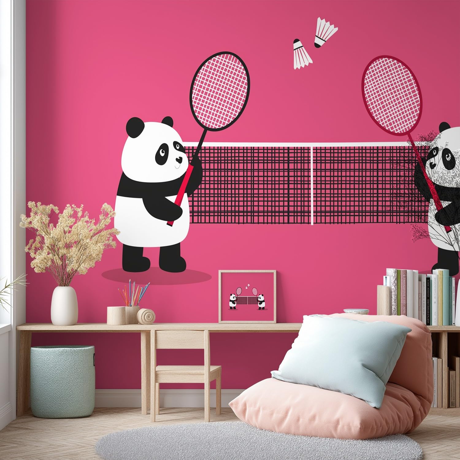 Panoramiczna niestandardowa tapeta 3D mural kreskówka, zabawa, wzór zwierzęcy, panda, badminton, sport dekoracja plakat obraz projekt murale sztuka ścienna do sypialni pokoju nastolatka włóknina