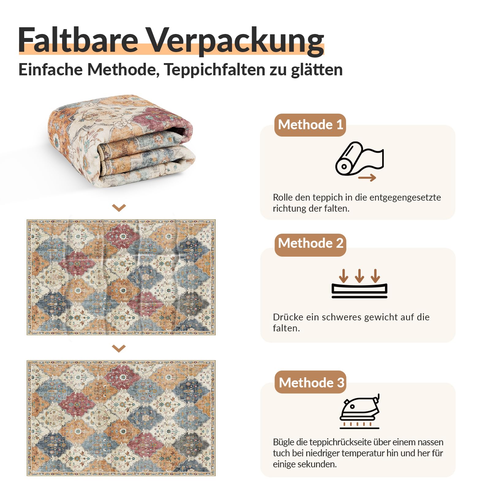 INOVADAY Teppich Wohnzimmer 200x300 cm Boho Waschbarer Teppich Orange/Rot | Moroccan, Kurzflor, Rutschfest, Teppich Schlafzimmer, Esszimmer, OEKO, Weiche, Staubsaugergeeigneter, Haustierfreundlich