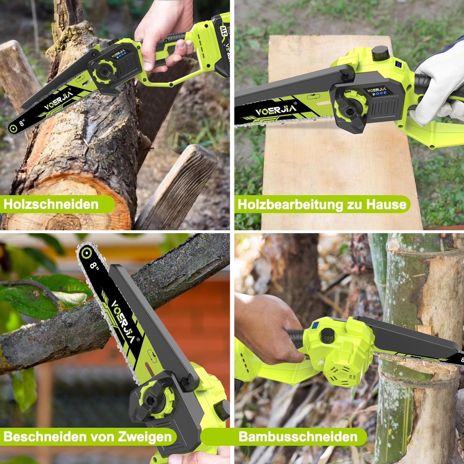 VOERJIA Akku Kettensäge 21V, Mini Kettensäge 6 & 8 Zoll mit automatischer Kettenschmierung, 2x 4.0Ah Akku, bürstenloser Motor, Handkettensäge für Baumschnitt, Garten & Holzarbeiten
