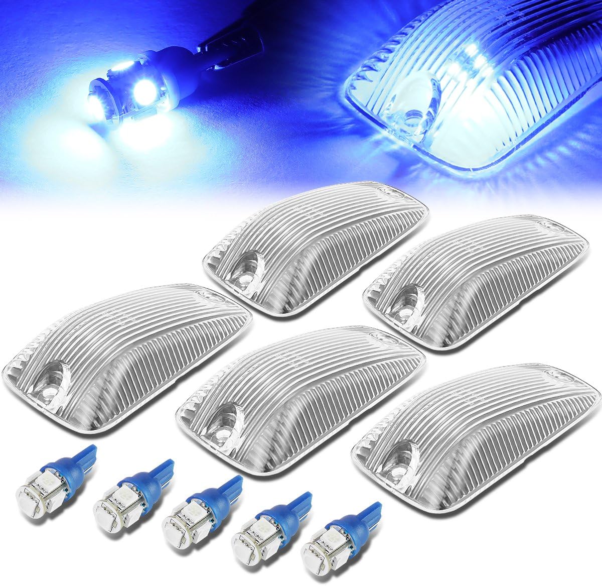 Auto Dynasty Compatible with GMC C/K Series 1500-3500 5 X LED Cab Roof Top Light Lens - Bulbs (Smoked Housing Blue LED)
