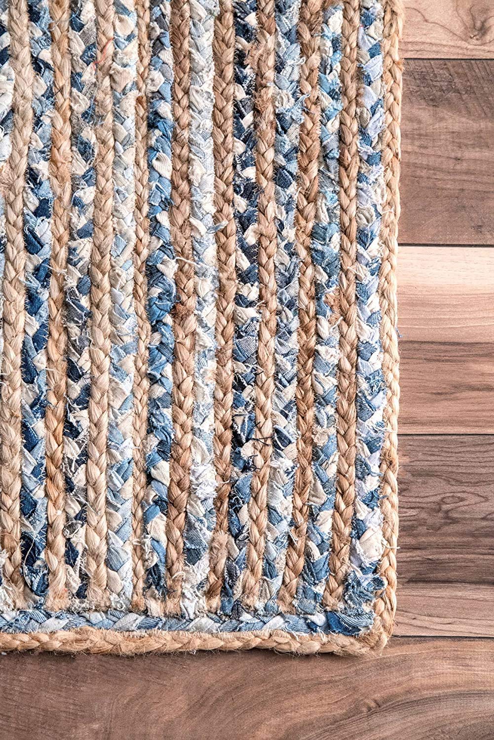 Tapis indien tressé à la main en jute naturelle avec denim et coton - Pour salle à manger, salon - Ovale (60 cm x 90 cm)