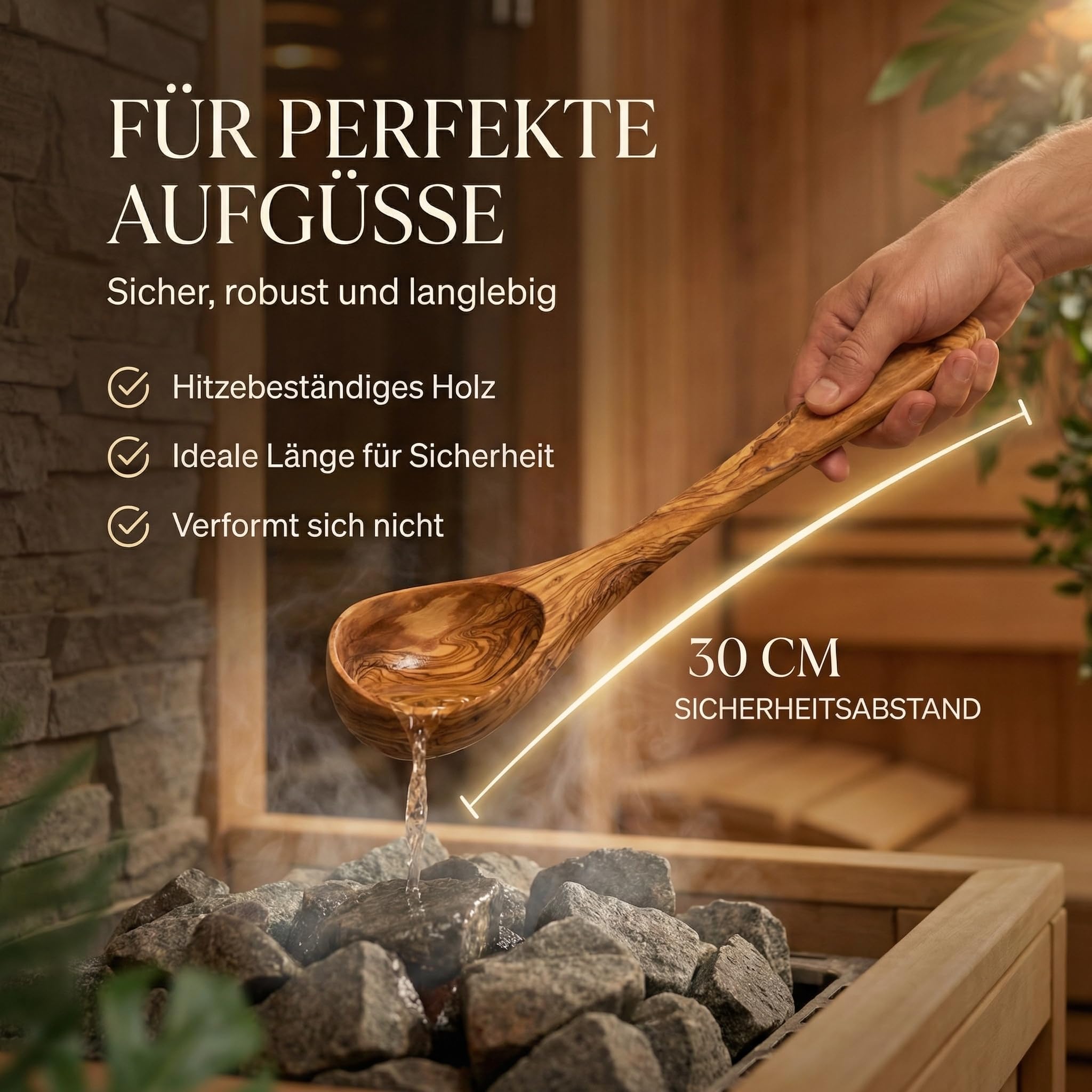 Saunakelle aus Olivenholz mit Gravur - Personalisierbare Aufgusskelle langlebig & hitzebeständig - Sauna Zubehör Saunalöffel Geschenkidee (Mit Gravur, 30 cm)