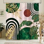 Boho Green douche rideau Mid Century Abstract Gold feuilles Plant Olive douche rideaux pour salle de bain Decor baignoire léger poids lavable polyester imperméable tissu avec 12 Crochets 72 X 72 1 cm