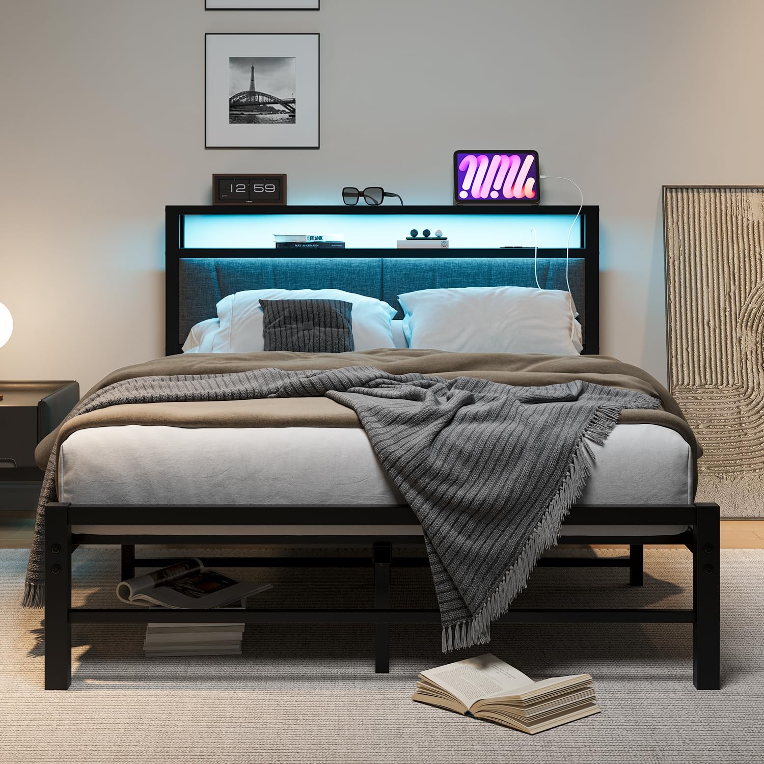 BORPHOM King Size Bed Frame with Storage and LED Lights,5ft Metal Platform Bed Frame King Size Bed Base with Charging Station,Mattress Base,Strong Slats Support,Under-bed Storage,Noise Free,Grey — image 1