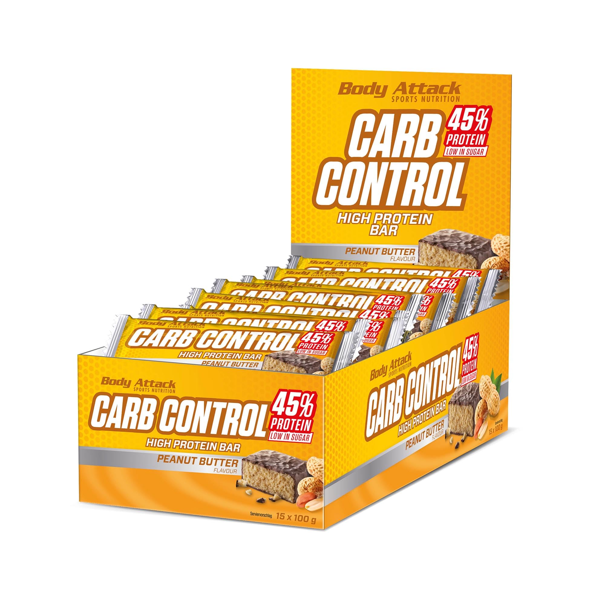 Body Attack Carb Control - Barre proteine sans sucre 100 g, low carb - Riche en protéines, Barre whey protéine, également disponible en boîte avec plusieurs parfums - beurre de cacahuètes
