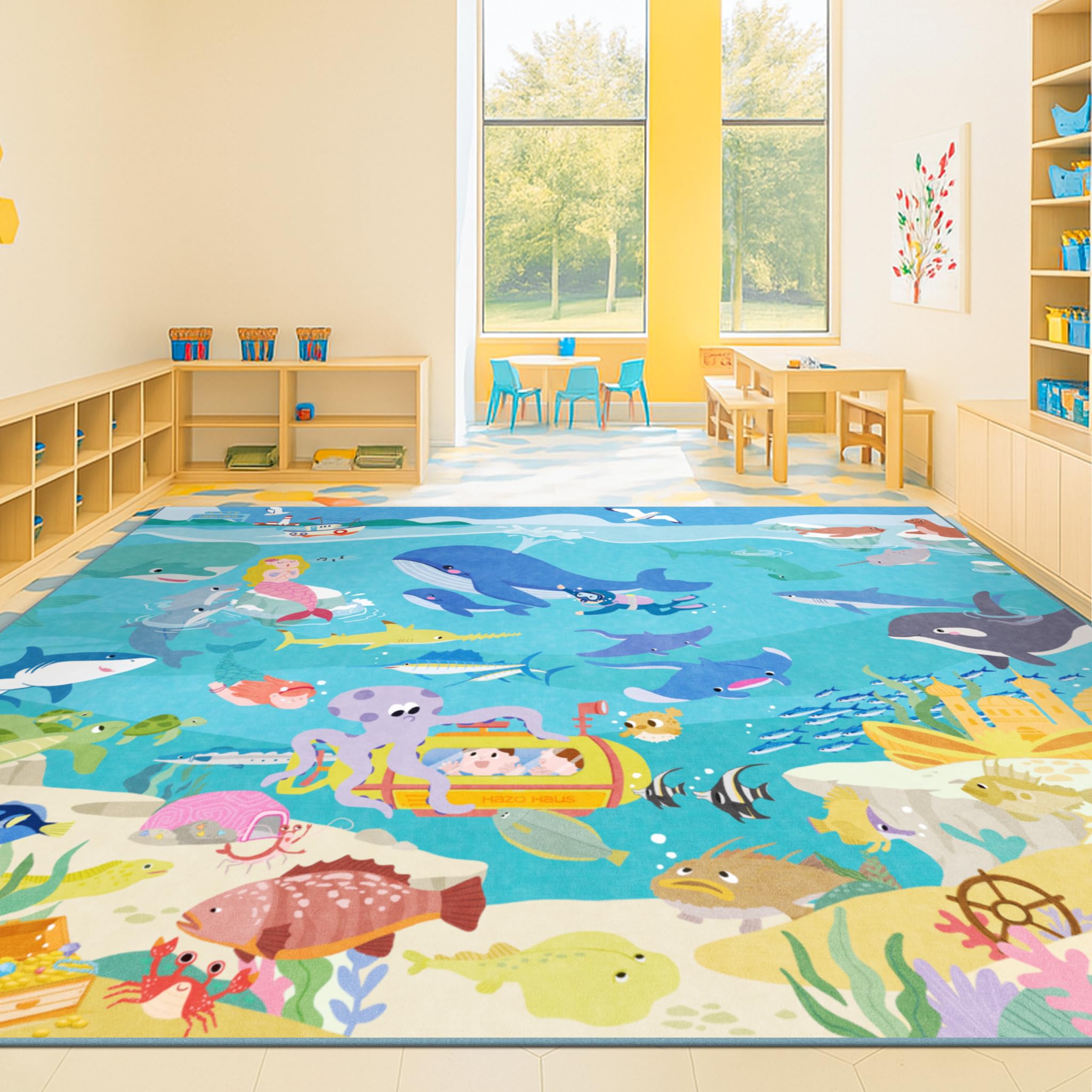 Large Blue Ocean Rug for Classroom – Washable 9x12 Kids Rug with Mermaid &amp; Fish, Foldable, Lightweight Non Slip Fun Learning Soft Carpet for Classroom Elementory or Playroom