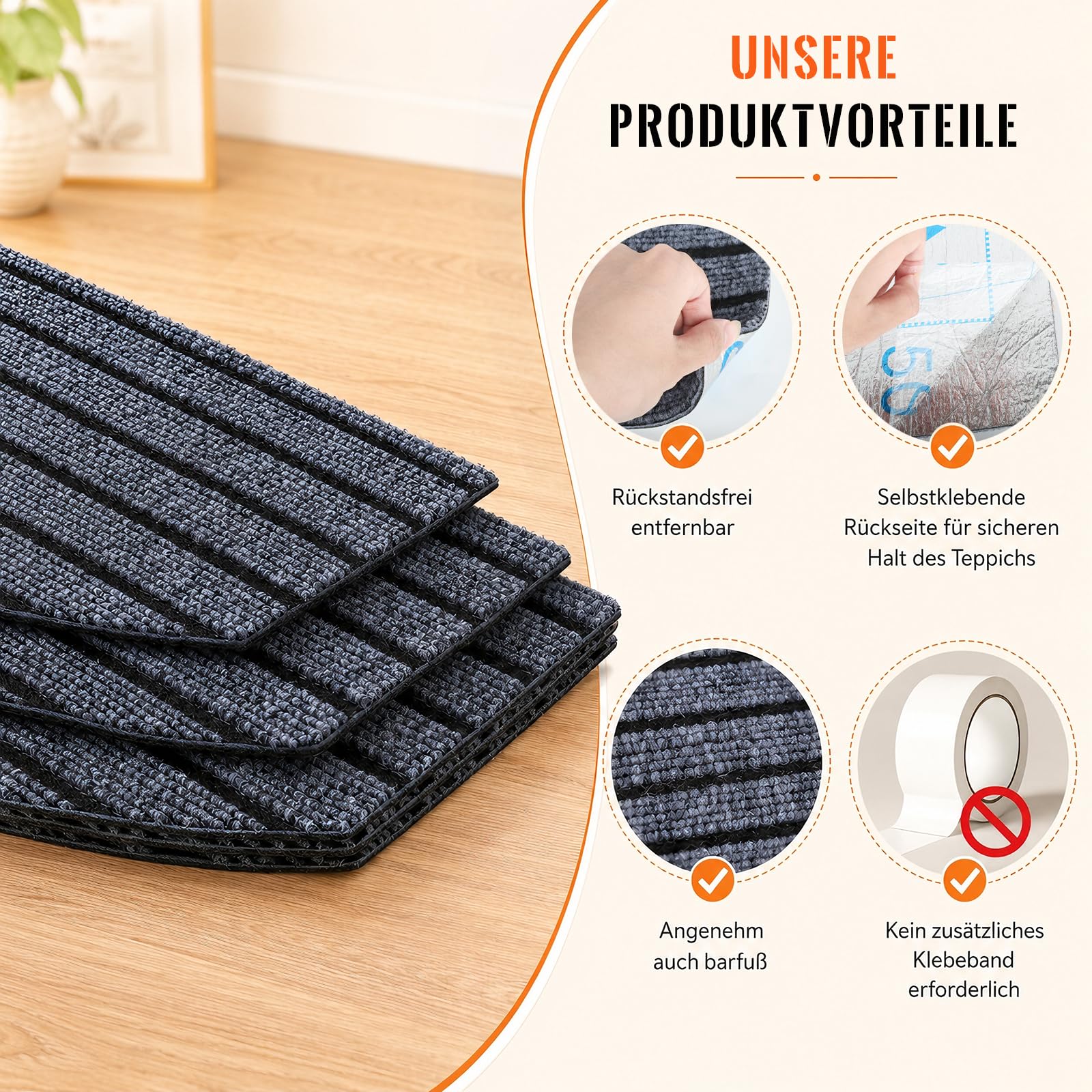 15 Stück Stufenmatten Halbrund 24 x 60 cm, Selbstklebend Antirutsch Treppenmatten, Treppenschoner & Treppenschutz für Holzstufen, Weiche Teppichmatten für Kinder, Senioren und Haustiere