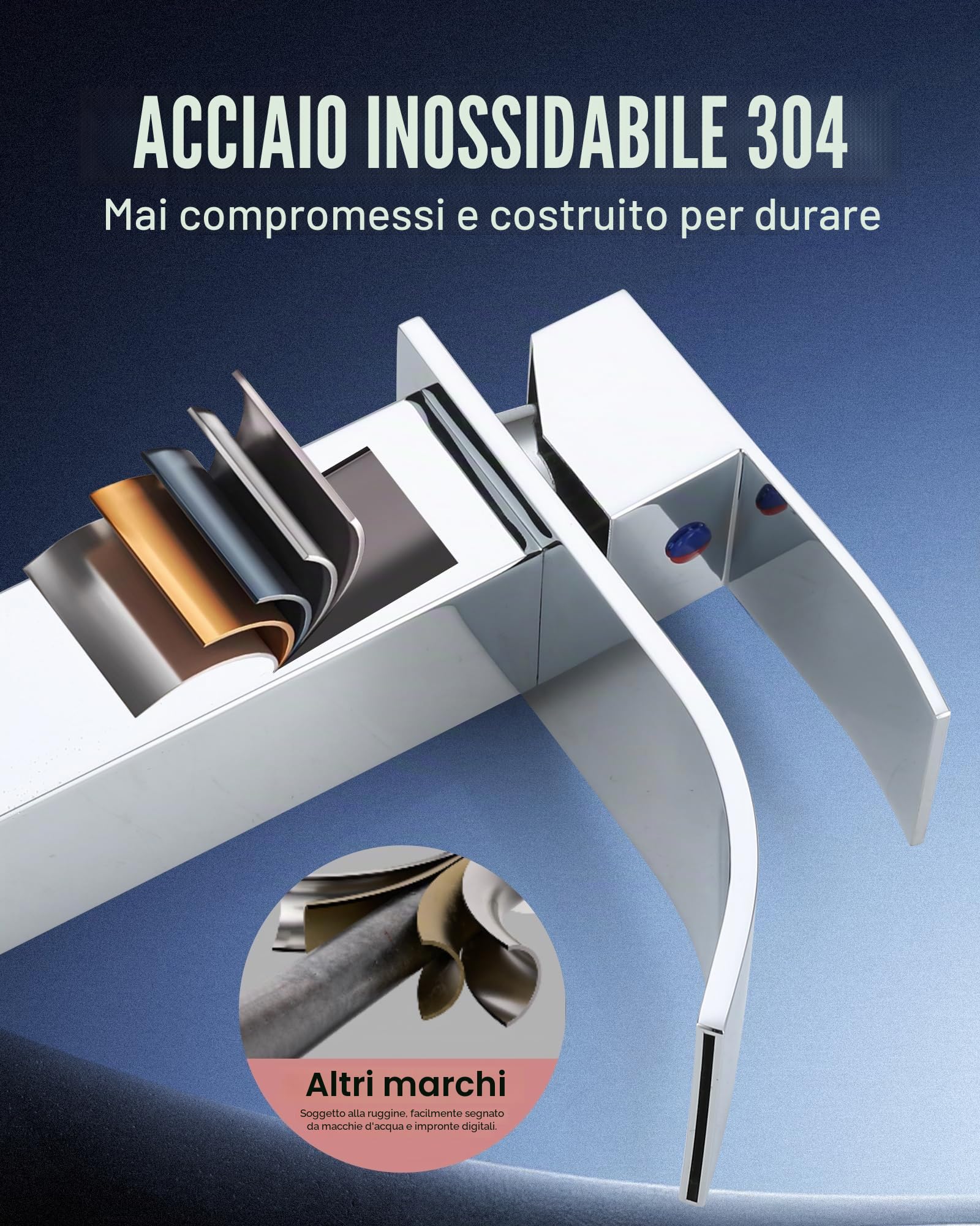 Rubinetto da bagno a cascata, miscelatore monocomando, altezza 98 mm, in acciaio inox, con tubi dell'acqua fredda e calda, cromato