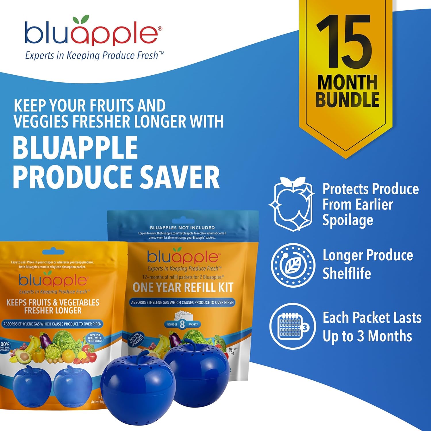 Bluapple Ethylene Gas Absorber Classic Produce Saver 15-Month Bundle - Vegetable & Fruit Fresh Produce Storage Protector, Food Freshness Extender, Fresh Fruit & Vegetable Saver, USA-Made BPA-Free