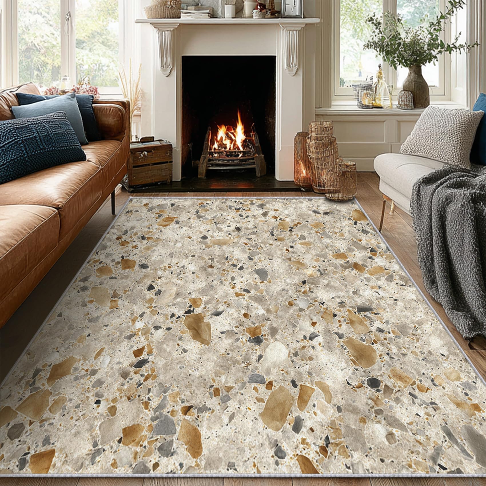 Tapis terrazzo beige 200x290cm en imitation cachemire pour salon et chambre