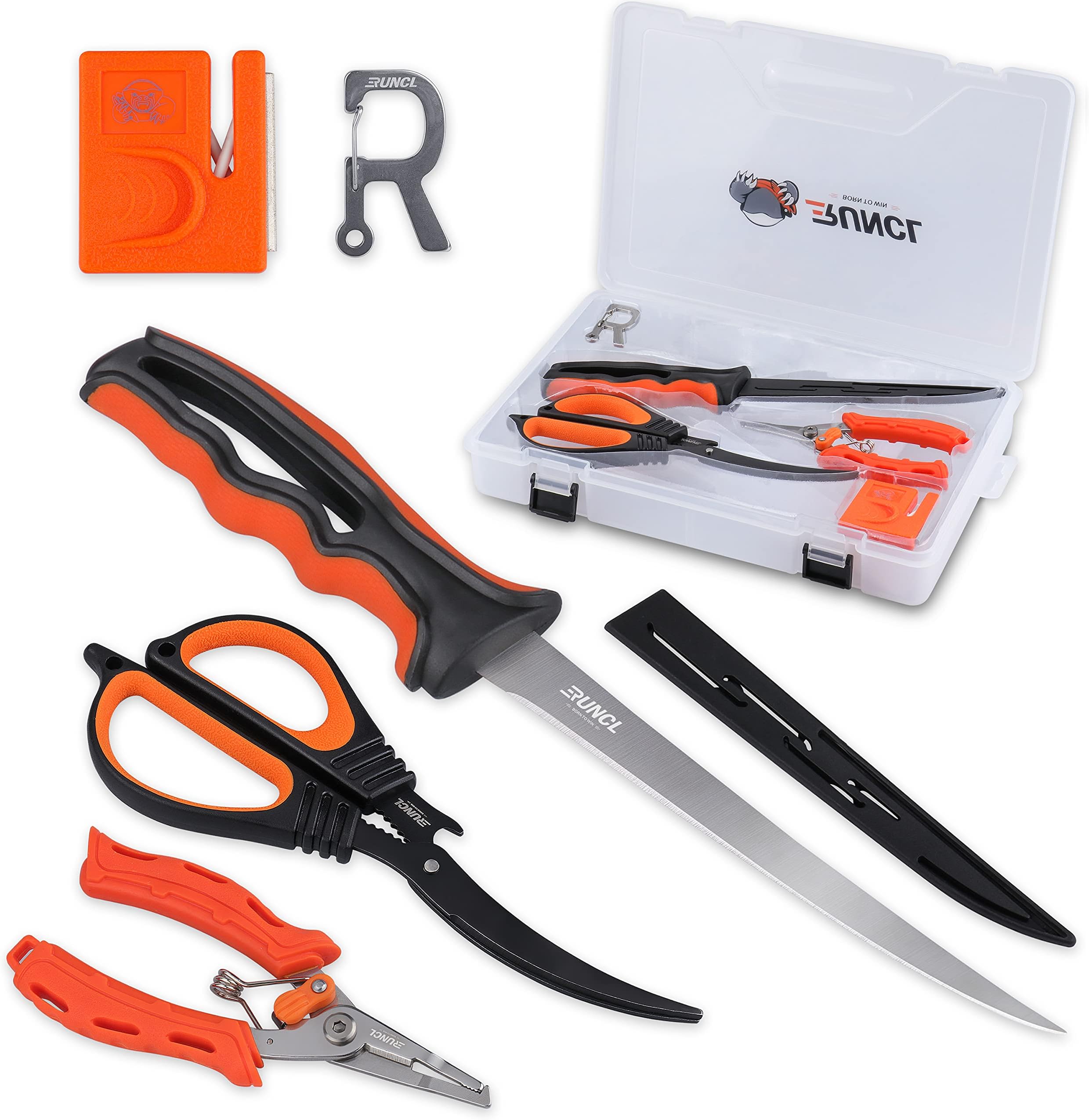 RUNCL Fishing Fillet Knife Combo Set, Fishing Tools Kit With 6" Fillet Knife, Scissors, Sharpener, Fishing Pliers and 3600 Tackle Box