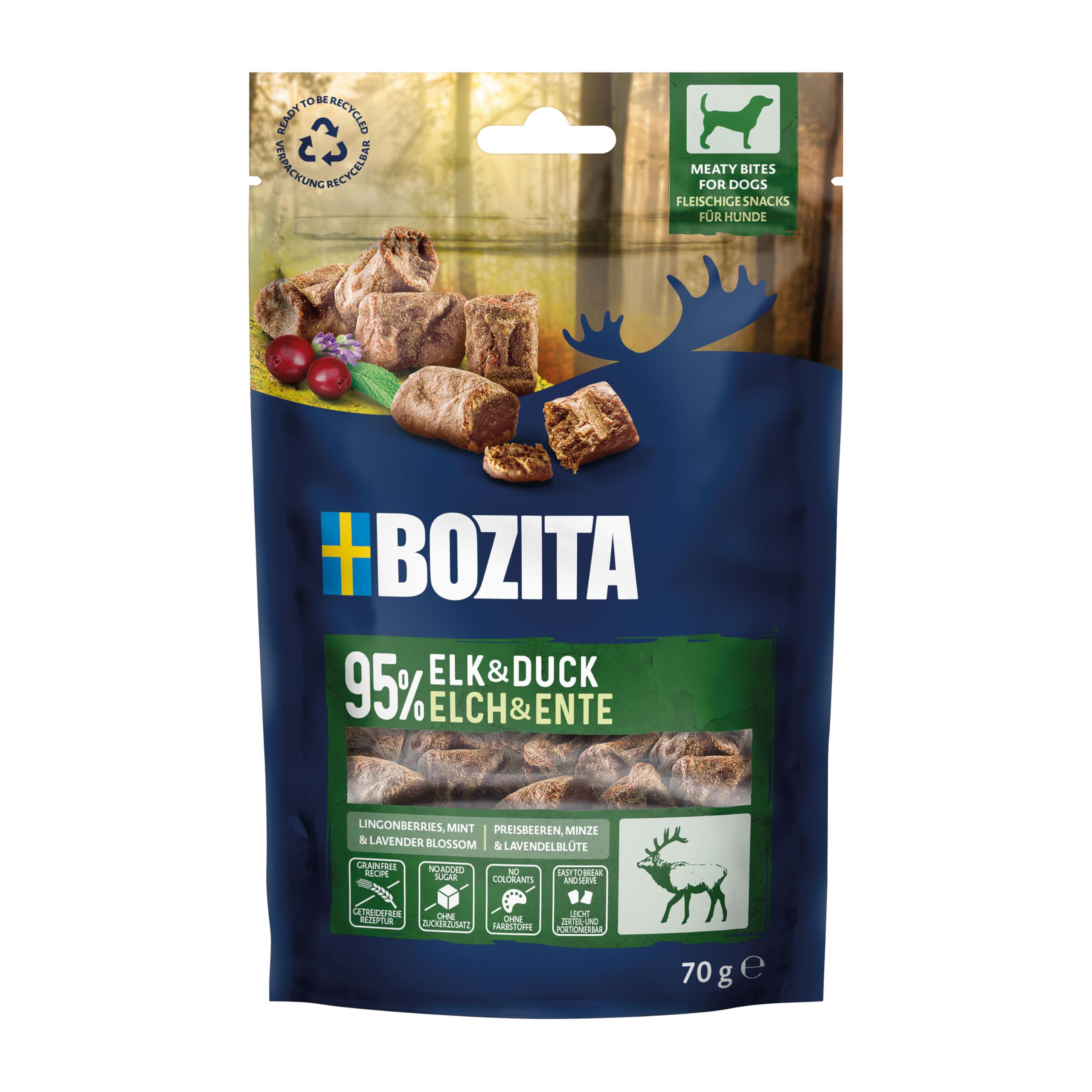 BOZITA Meaty Bites Dog Snack with 95% Elk & Duck 70 g - One-Hand Portionable, Flavorful Treats Without Cereals, Chicken and Glycerin - Treats Your Dog Will Love