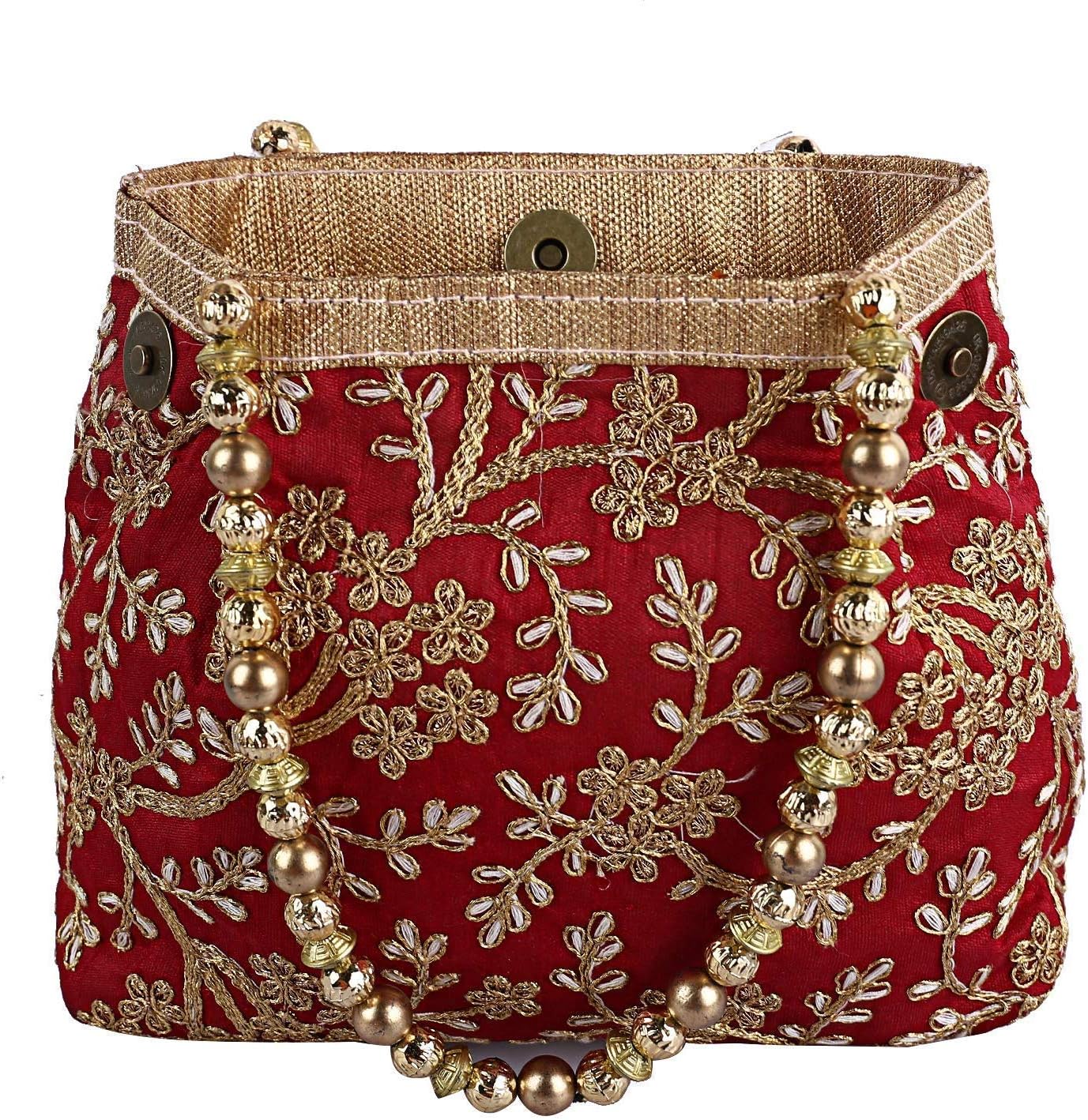 2pc Women's Embroidered Potli Batwa Pouch Bag – Polyester, Ethnic Clutch Purse | Indian Traditional Batua Handbags (Maroon & Cream)