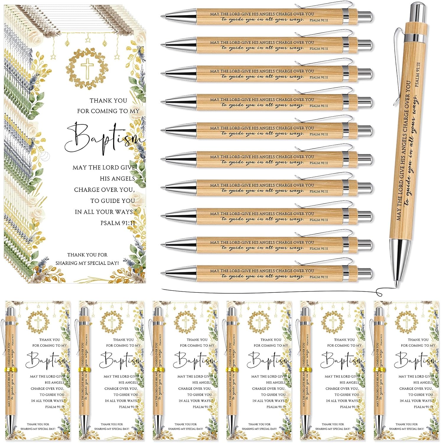 Skyygemm 50 Sets Baptism Favors for Guests First Communion Baptism Quote Bamboo Pens Cross Thank You Cards Christian Souvenir for Guests Christian Gift