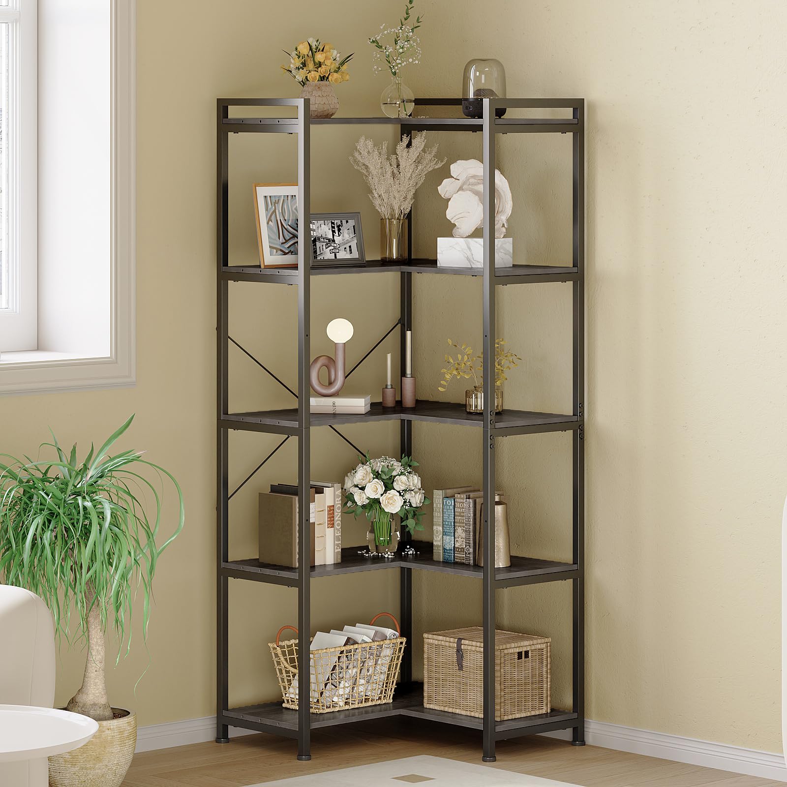 VEDECASA 5-Shelf Corner Bookshelf Large Modern Corner Bookcase Black Freestanding Deformable L Shaped Shelf with Metal Frame for Living Room Home Office Study Room Bedroom Rustic Grey