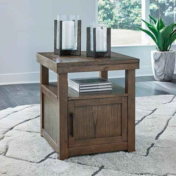 Signature Design by Ashley 1-Piece Rustic End Table Living Room | 1 door storage cabinet, Straight leg base, Open shelf for seating areas, Hardwood solids, Boardernest Series