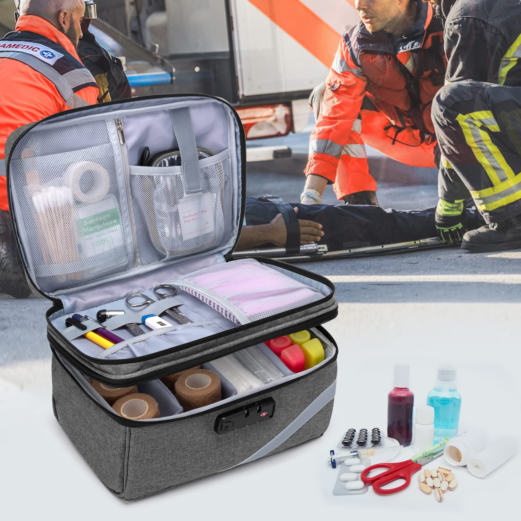 Trunab Borsa Medica Piccola con Lucchetto a Combinazione, Borsa da Viaggio Medica Chiudibile con Mini Custodia per Casa, Viaggio, Emergenza, Grigio (Borsa Vuota), Design Brevettato
